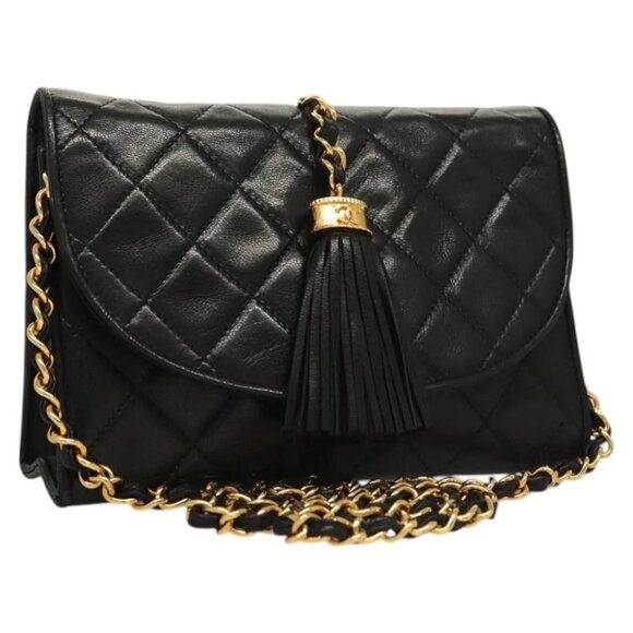CHANEL Matelasse Chain Shoulder Bag Lamb Skin Black Gold CC Auth BA3125 - Picture 1 of 14